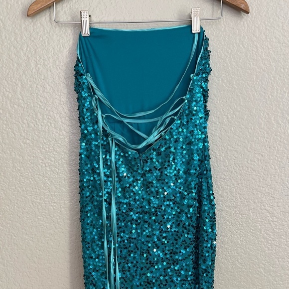 Glowing Praise Teal Blue Sequin Lace-Up Maxi Dress - Picture 6 of 12